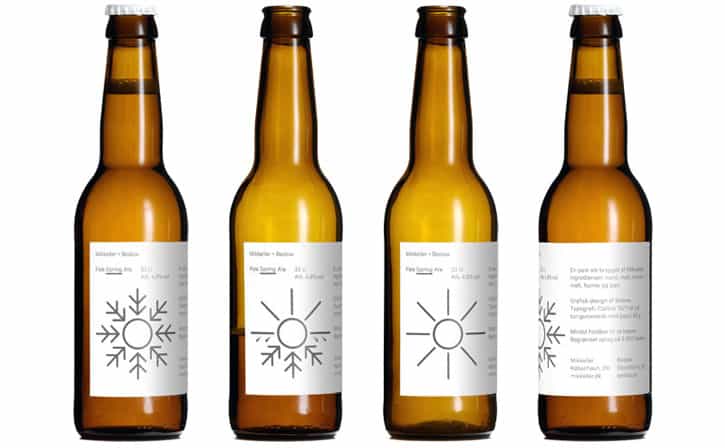 cuatro botellas de cerveza danesa mikkeller con una etiqueta termocromática en blanco 